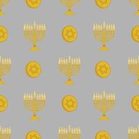 Seamless pattern featuring golden menorahs with lit candles and Star of David coins, creating a festive Hanukkah design perfect for holiday backgrounds and celebrations. vector
