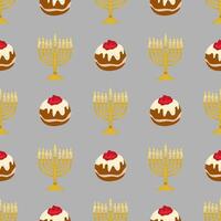 Seamless pattern featuring menorahs with lit candles and sufganiyot, symbolic of Hanukkah, designed in a flat style with a grey background. vector