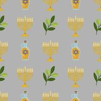 Seamless pattern featuring menorahs, olive branches, and oil decanters, symbolizing Hanukkahs traditions and festive spirit, with a muted grey background. vector