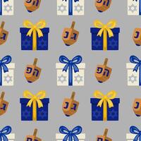 Seamless pattern of Hanukkah gifts, dreidels, and Star of David symbols in blue, yellow, and beige for festive holiday designs. vector