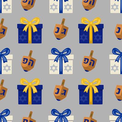 Seamless pattern of Hanukkah gifts, dreidels, and Star of David symbols in blue, yellow, and beige for festive holiday designs.