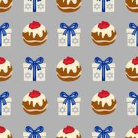 Seamless pattern featuring sufganiyot and gift boxes adorned with Star of David, ideal for Hanukkah celebrations and festive designs. vector