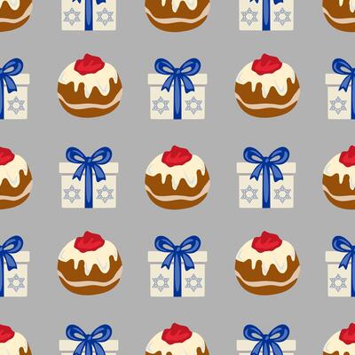 Seamless pattern featuring sufganiyot and gift boxes adorned with Star of David, ideal for Hanukkah celebrations and festive designs.