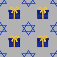 Seamless pattern featuring blue gift boxes with yellow bows and Star of David symbols, perfect for Hanukkah or Jewish holiday designs. vector