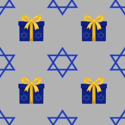 Seamless pattern featuring blue gift boxes with yellow bows and Star of David symbols, perfect for Hanukkah or Jewish holiday designs.