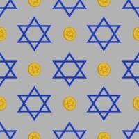 Seamless pattern featuring blue Star of David symbols and golden Hanukkah gelt coins on a gray background, ideal for festive holiday designs. vector