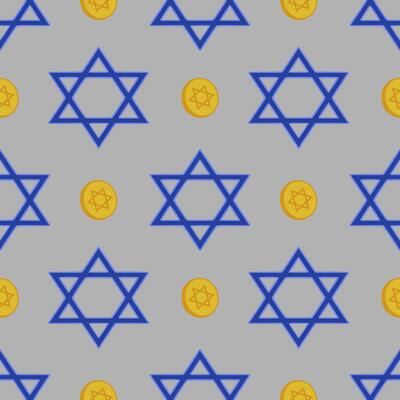 Seamless pattern featuring blue Star of David symbols and golden Hanukkah gelt coins on a gray background, ideal for festive holiday designs.
