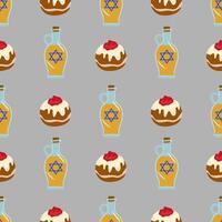 Seamless pattern with Sufganiyot and oil bottles, featuring the Star of David, for Hanukkah celebration. vector