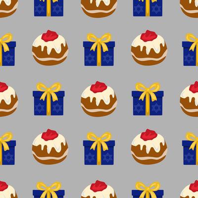 Seamless pattern featuring delicious sufganiyot and festive Hanukkah gift boxes, a delightful blend of traditional treats and celebratory presents, perfect for holiday designs.