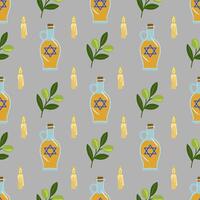 Seamless pattern featuring olive branches, candles, and oil decanters with Star of David, symbolizing Hanukkah traditions in a minimalist style. vector