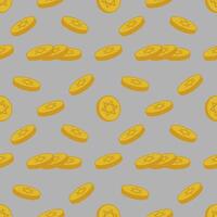 Seamless pattern of golden Hanukkah gelt coins with Star of David, playfully scattered on a grey background, ideal for festive design. vector