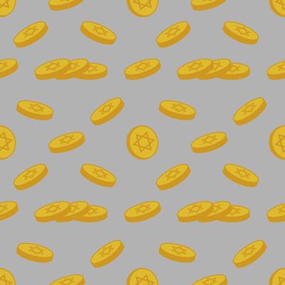 Seamless pattern of golden Hanukkah gelt coins with Star of David, playfully scattered on a grey background, ideal for festive design.