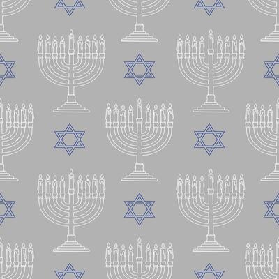 Seamless pattern of Hanukkah menorahs and Star of David in elegant grey and blue line art style, perfect for festive holiday backgrounds and designs.
