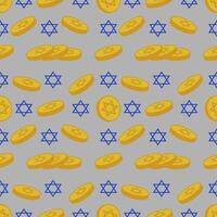 Seamless pattern of golden Hanukkah gelt coins and blue Star of David, perfect for festive backgrounds and holiday designs. vector