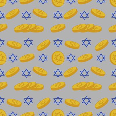 Seamless pattern of golden Hanukkah gelt coins and blue Star of David, perfect for festive backgrounds and holiday designs.