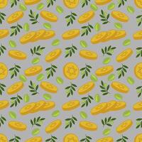 Seamless pattern of golden Hanukkah gelt coins, olive branches, and green beans, ideal for festive backgrounds and holiday designs. vector