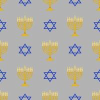 Seamless pattern featuring golden menorahs with lit candles and blue Star of David symbols on a gray background, ideal for Hanukkah celebrations and Jewishthemed designs. vector