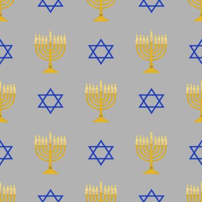 Seamless pattern featuring golden menorahs with lit candles and blue Star of David symbols on a gray background, ideal for Hanukkah celebrations and Jewishthemed designs.