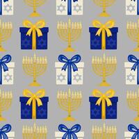 Seamless pattern featuring menorahs, gifts with Star of David, and lit candles, perfect for Hanukkah celebrations and festive designs. vector