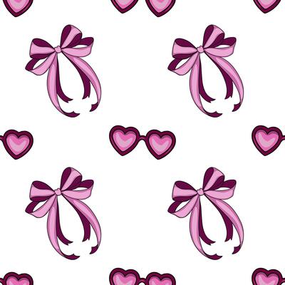 Seamless pattern featuring pink bows and heartshaped sunglasses, a charming design perfect for Valentines Day or romantic projects.