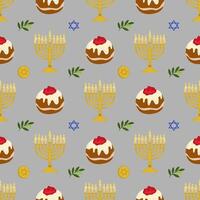 Seamless pattern featuring menorahs, sufganiyot, olive branches, and Star of David symbols, ideal for Hanukkah celebrations and festive designs. vector