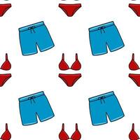 Seamless pattern featuring a playful arrangement of red bikinis and turquoise swim trunks, creating a vibrant summer beach vibe. vector