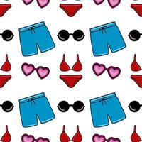 Seamless pattern featuring vibrant summer beachwear red bikinis, turquoise swim shorts, and heartshaped sunglasses, ideal for textile prints or summerthemed designs. vector