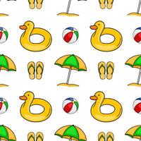 Seamless pattern with cheerful yellow duck inflatable rings, beach umbrellas, flipflops, and beach balls, creating a vibrant summer holiday design. vector