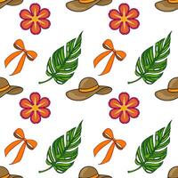 Seamless pattern featuring vibrant tropical flowers, lush monstera leaves, stylish sun hats, and cheerful orange bows, creating a cheerful summer vibe. vector