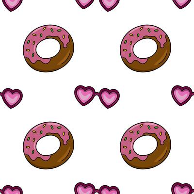 Seamless pattern featuring pink glazed donuts with sprinkles and heartshaped sunglasses, a playful and sweet design perfect for Valentines Day or summerthemed projects.