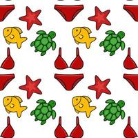 Seamless pattern with cute cartoon sea animals, starfish and red bikini swimwear, perfect for summer textile print or beachthemed design. vector