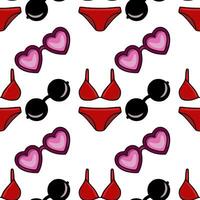Seamless pattern featuring red bikini bottoms and tops, heartshaped sunglasses, and round sunglasses, creating a playful and vibrant summer design. vector