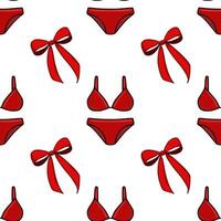 Seamless pattern featuring red bikinis and bows, a playful and stylish design perfect for summer fashion or gift wrap. vector