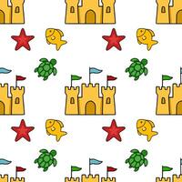 Seamless pattern of cheerful cartoon sandcastles, starfish, goldfish, and turtles, perfect for kids summer designs. vector