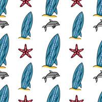 Seamless pattern featuring playful dolphins, vibrant surfboards, and starfish on a white background, creating a cheerful summer beach vibe. vector