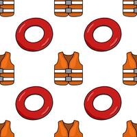 Seamless pattern featuring vibrant orange life vests and red inflatable rings, creating a playful and summery design ideal for textile prints or website backgrounds. vector