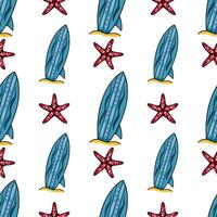 Seamless pattern featuring teal surfboards and red starfish on a white background, creating a vibrant summer beach vibe. vector