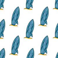 Seamless pattern of stylized surfboards on the sand, featuring teal and purple color scheme and a playful, summery vibe. vector