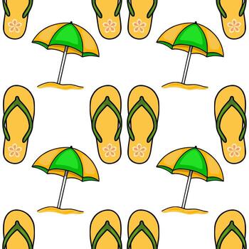 Seamless pattern of summer beach flipflops and beach umbrellas in vibrant yellow and green colors, creating a cheerful and playful design perfect for textile prints or summerthemed backgro... vector