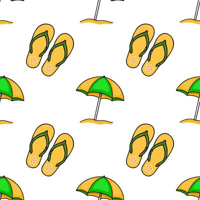 Seamless pattern of cheerful yellow flipflops and vibrant yellowgreen beach umbrellas on a white background, creating a playful summer vibe.