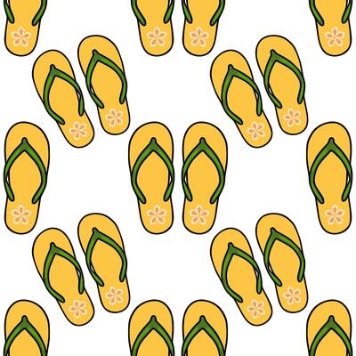 Seamless pattern of yellow flipflops with peach flowers and green straps, creating a cheerful summery design perfect for beachthemed projects.