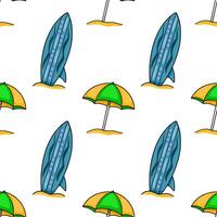 Seamless pattern featuring vibrant teal surfboards and yellowgreen beach umbrellas playfully nestled in the sand, creating a cheerful summer vibe. vector