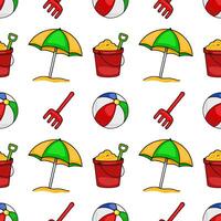 Seamless pattern of vibrant beach toys beach ball, pail, shovel, rake and beach umbrella on white background, ideal for summerthemed designs. vector