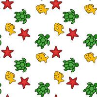 Seamless pattern featuring playful cartoon turtles, goldfish, and starfish on a white background, creating a vibrant and cheerful underwater scene. vector