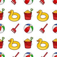 Seamless pattern of cheerful summer beach toys inflatable duck, beach ball, bucket and spade, creating a playful and vibrant design perfect for kids products or summerthemed projects. vector