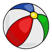 A vibrant illustration of a classic beach ball with red, green, blue, and yellow segments, featuring a bold black outline and subtle shading for a playful, summery feel. vector