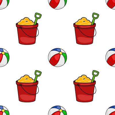 Seamless pattern featuring red buckets filled with yellow sand, accompanied by vibrant beach balls in a playful summer design.