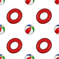 Seamless pattern featuring vibrant red inflatable rings and multicolored beach balls against a clean white background, ideal for summerthemed designs. vector