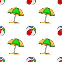 Seamless pattern of vibrant beach umbrellas and multicolored beach balls on a white background, creating a cheerful summer vibe. vector
