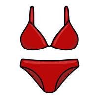 illustration of a stylish red bikini, featuring a classic triangle top and a highcut bottom, rendered in a bold, cartoonish style with distinct black outlines. vector